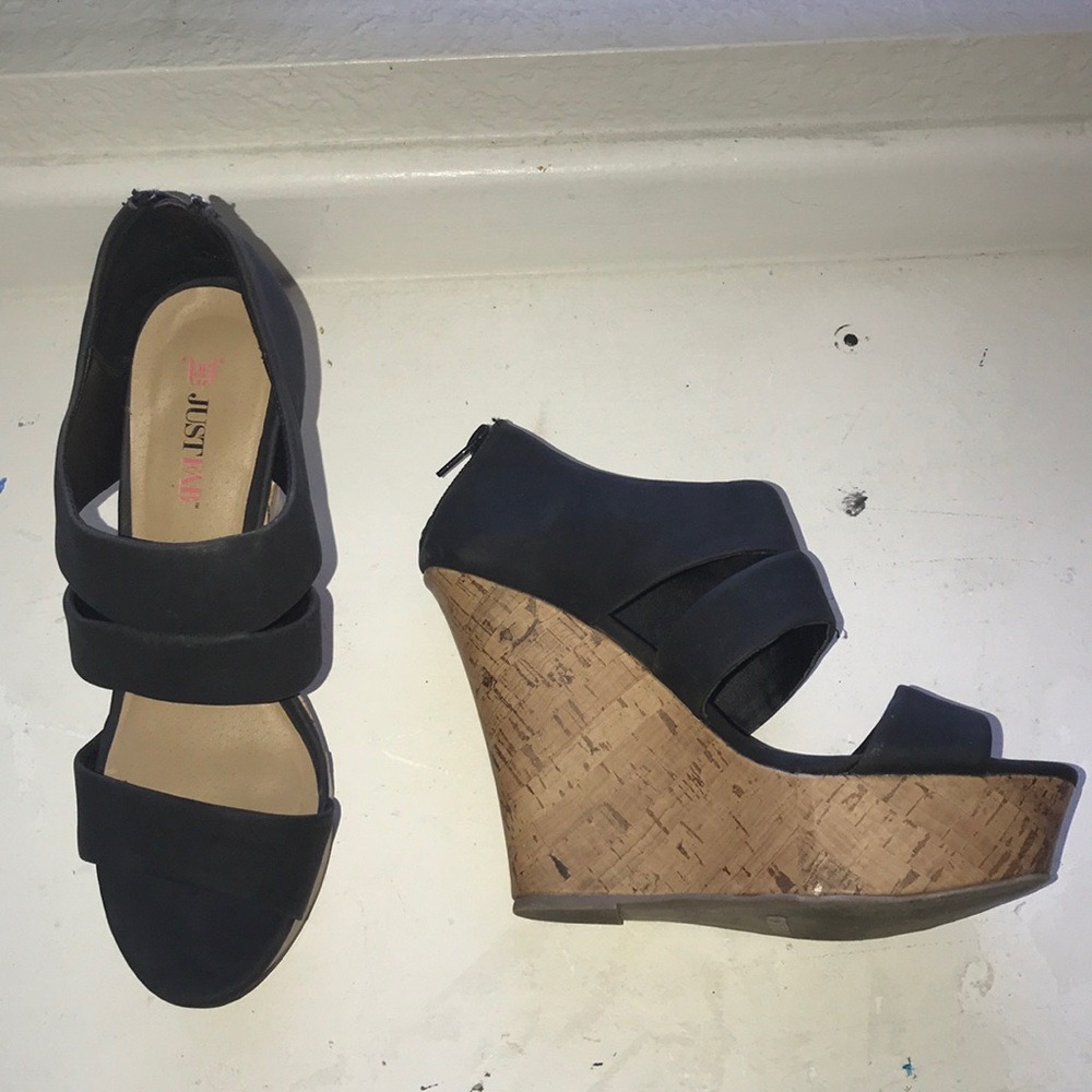 black and brown strapped wedges